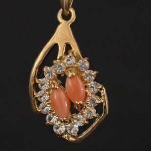 Vintage Coral Pendant Necklace, Dolphin Ore 18K Gold Electroplate